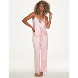 NEW Frederick's of Hollywood Pink Satin Summer Lattice Pajama Two Piece Set